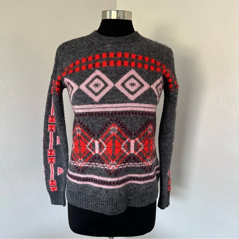 J. Crew Nordic Fair Isle Wool Mohair Blend Gray and Red Sweater Size S